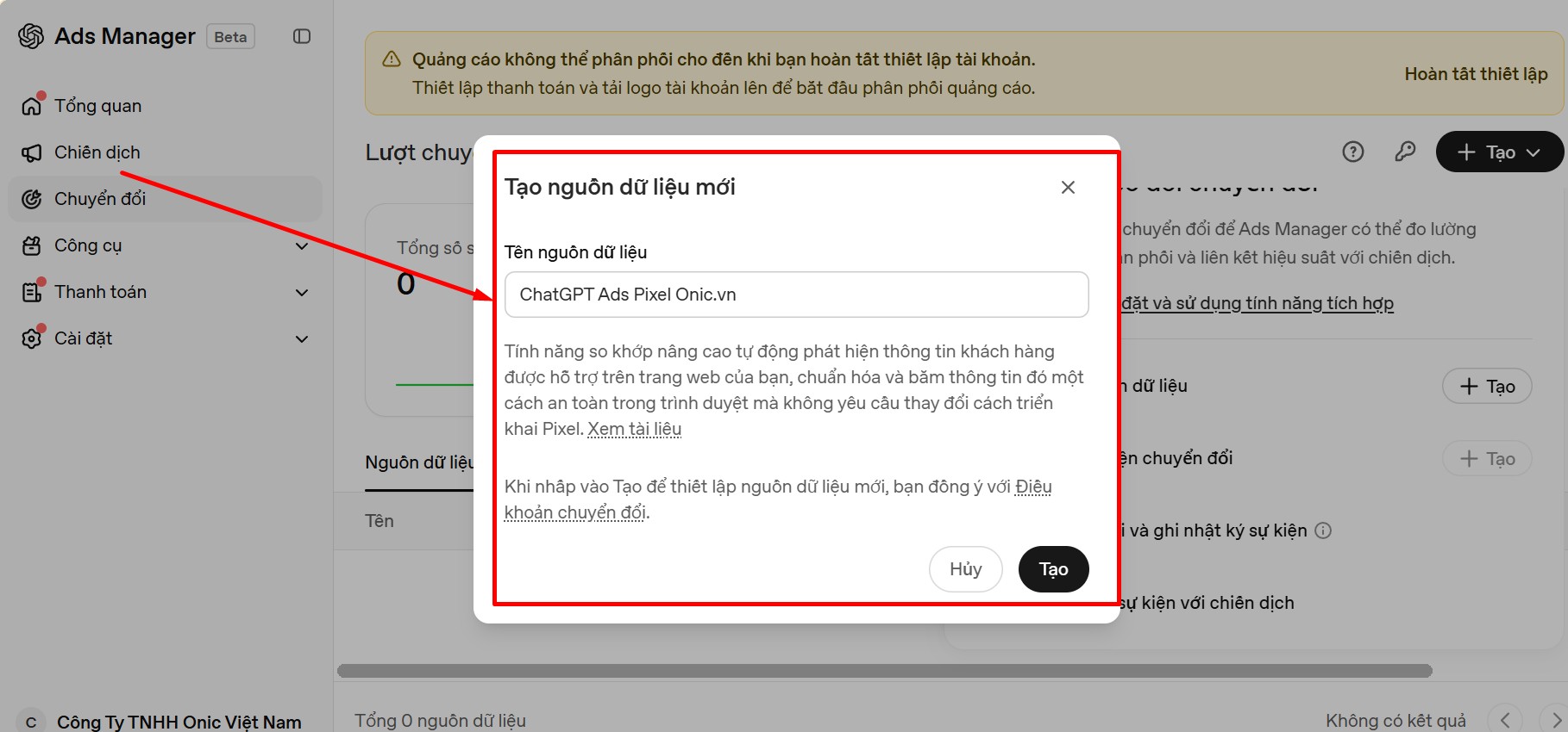 Tạo Pixel trên quảng cáo ChatGPT để đo lường chuyển đổi Tạo nguồn dữ liệu Pixel ChatGPT Ads Pixel Onic.vn để đo lường chuyển đổi
