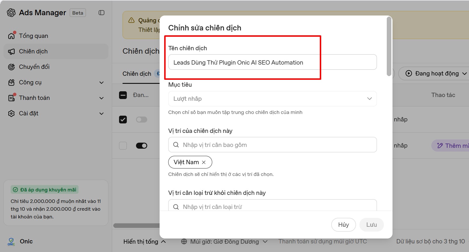 Tạo tên chiến dịch quảng cáo ChatGPT Ads Đặt tên chiến dịch ChatGPT Ads Leads Dùng Thử Plugin Onic AI SEO Automation