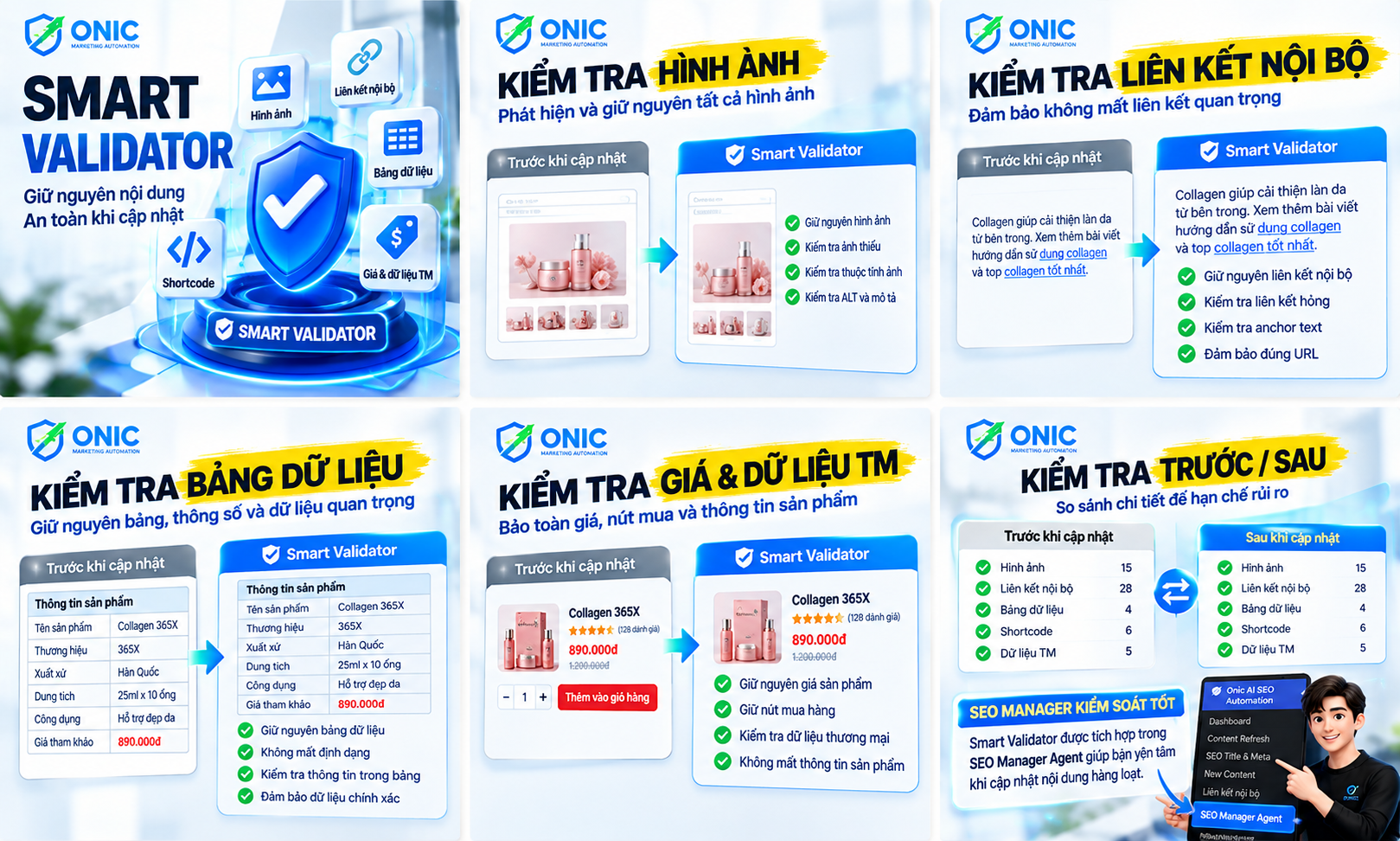 Tất cả tính năng Smart Validator Tất cả tính năng Smart Validator: kiểm tra hình ảnh, liên kết nội bộ, bảng dữ liệu, giá & dữ liệu TM, shortcode