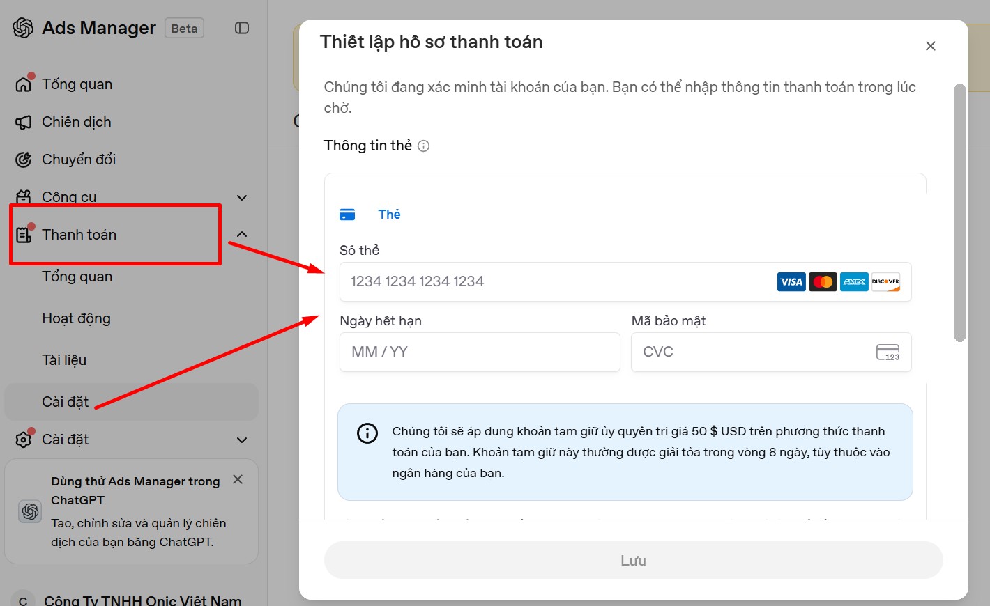 Thiết lập thông tin thanh toán quảng cáo ChatGPT Thiết lập hồ sơ thanh toán bằng thẻ trong ChatGPT Ads Manager