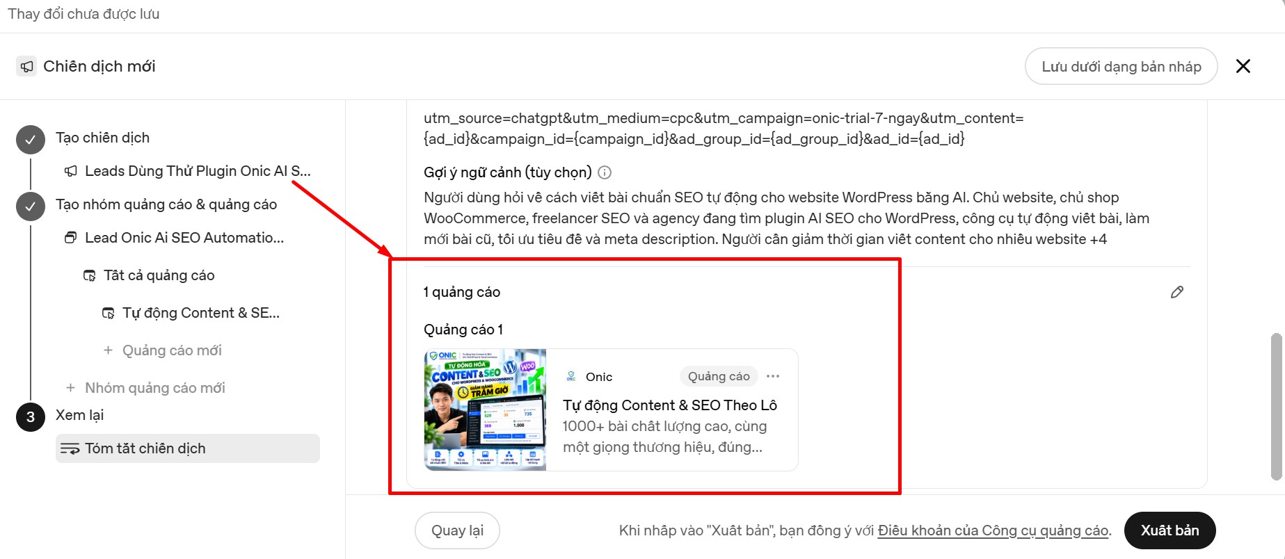 Xem lại chiến dịch quảng cáo ChatGPT tự động hóa content SEO theo lô Tóm tắt chiến dịch và bản xem trước quảng cáo Onic trước khi xuất bản trên ChatGPT Ads
