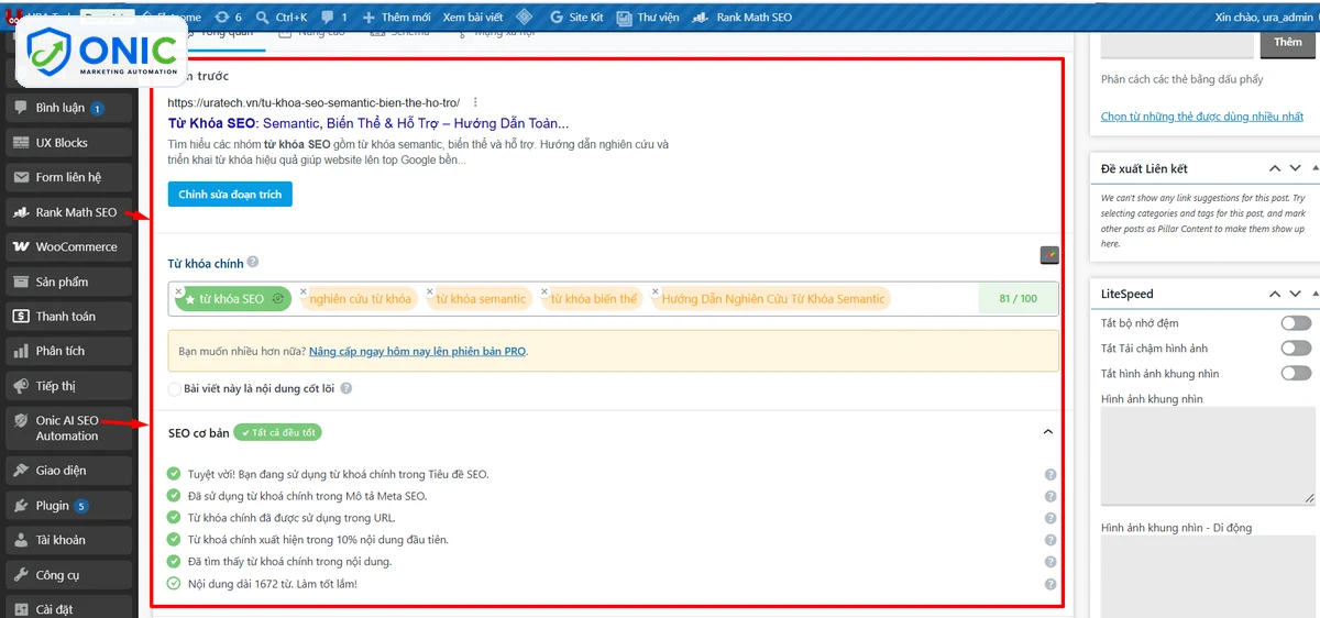 Onic điền sẵn hộp Rank Math Hộp Rank Math trên uratech.vn với tiêu đề, mô tả, từ khóa chính và từ khóa phụ do Onic điền sẵn, điểm 81/100