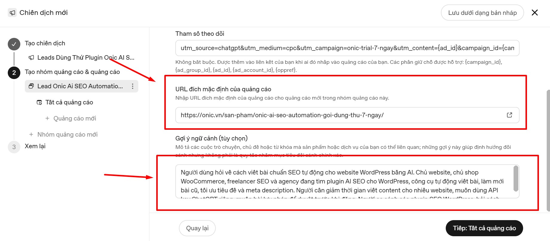 URL trang đích chiến dịch dùng thử 7 ngày trên ChatGPT Ads Tham số theo dõi UTM, URL đích mặc định và gợi ý ngữ cảnh của nhóm quảng cáo ChatGPT Ads Onic