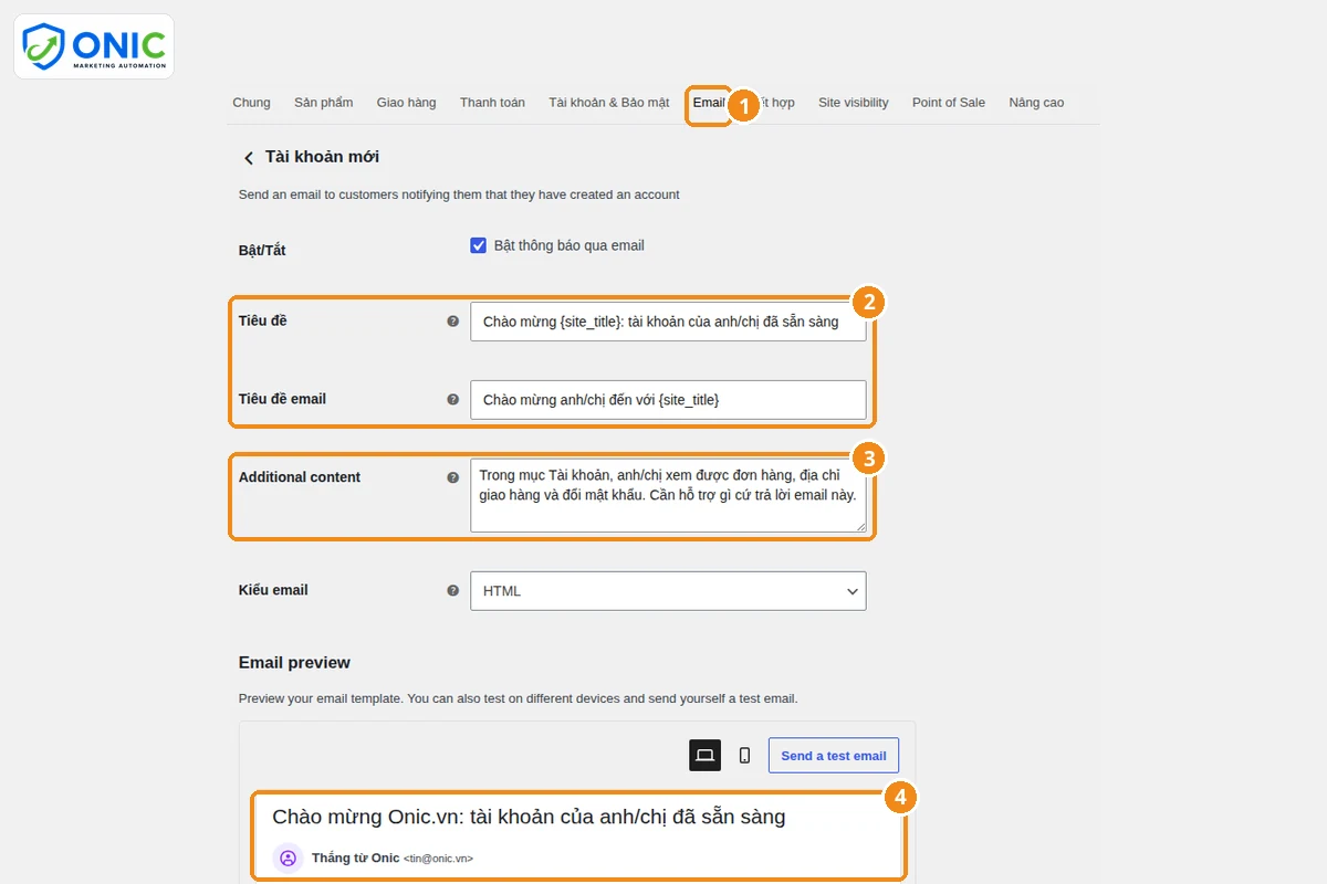Email tài khoản mới WooCommerce Sửa email Tài khoản mới trong cài đặt email WooCommerce