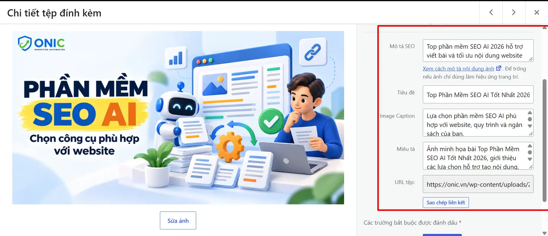 4 trường ảnh WordPress Thư viện ảnh WordPress với 4 trường mô tả SEO, tiêu đề, chú thích và miêu tả đã điền cho ảnh bài phần mềm SEO AI