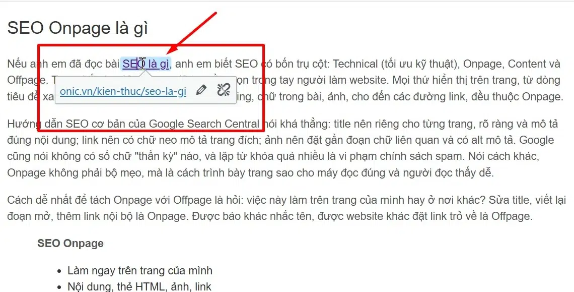 Link nội bộ trong bài Link nội bộ SEO là gì đặt trong đoạn mở đầu bài SEO Onpage trên trình soạn thảo WordPress