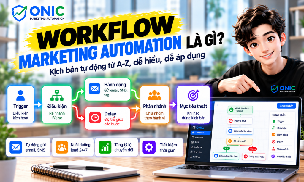Workflow Marketing Automation với trigger, điều kiện, hành động, delay và phân nhánh tự động