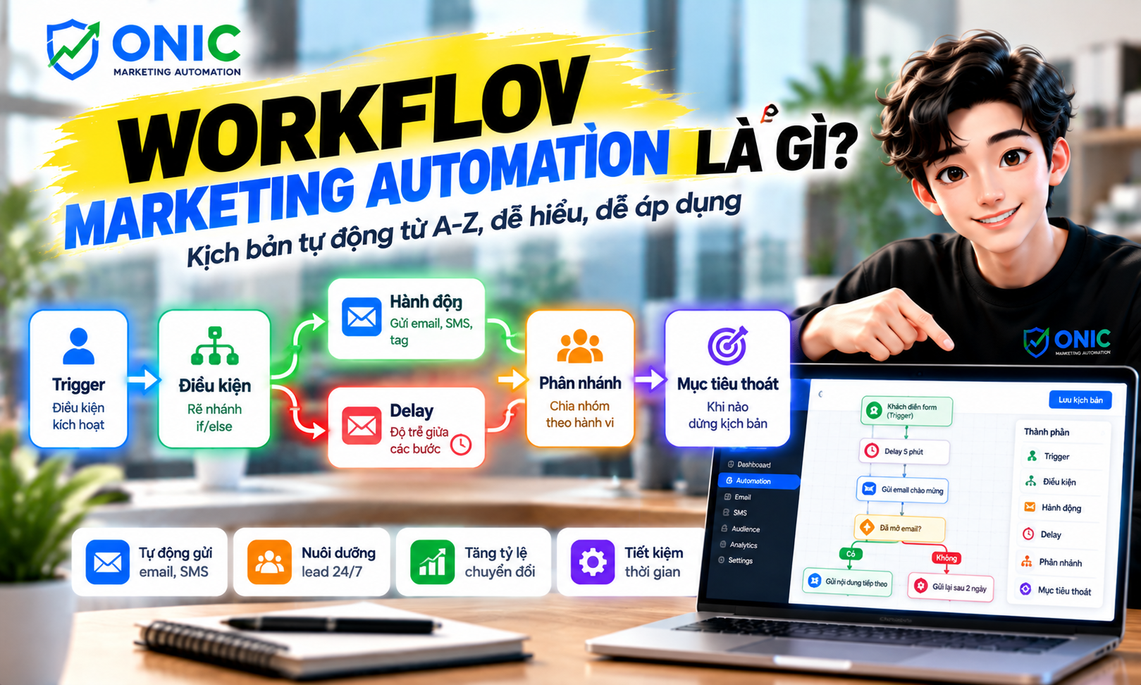 Workflow Marketing Automation — Kịch bản tự động cốt lõi Workflow Marketing Automation với trigger, điều kiện, hành động, delay và phân nhánh tự động