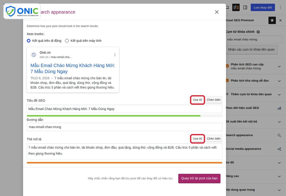 Nút Use AI của Yoast SEO Premium Yoast SEO Premium trong trình soạn bài với nút Use AI cho tiêu đề SEO và thẻ mô tả
