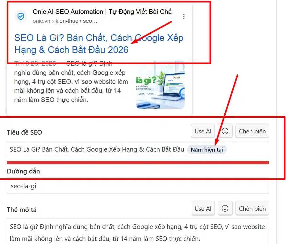 Biến năm hiện tại Yoast Biến Năm hiện tại trong ô Tiêu đề SEO của Yoast, bản xem trước hiện 2026