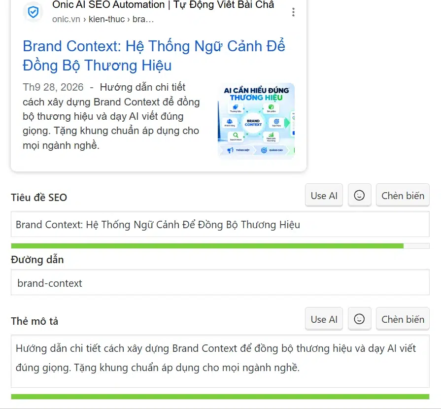 Yoast SEO title Brand Context Ô Tiêu đề SEO và bản xem trước Google của bài Brand Context trong Yoast SEO