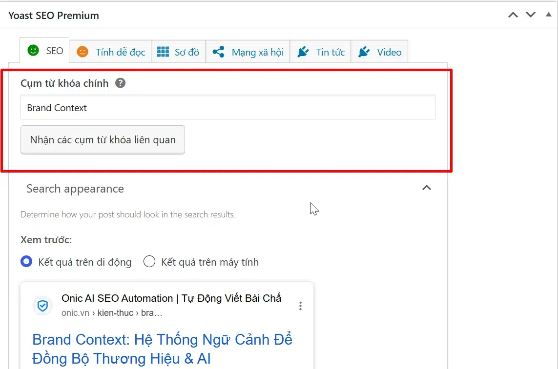 Cụm từ khóa chính Yoast Ô cụm từ khóa chính Brand Context trong Yoast SEO Premium